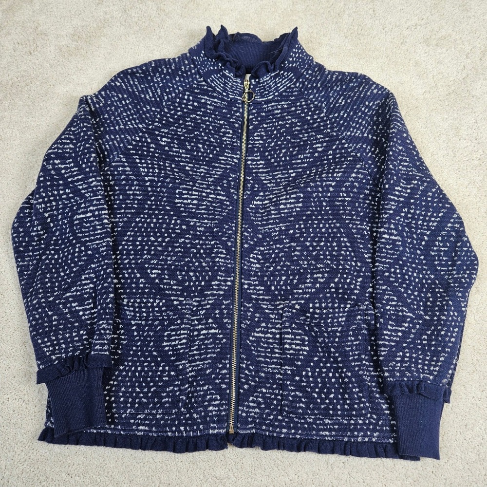 Women's NIC+ZOE Navy & White Cottagecore Full Zip Ruffle Trim‎ Cardigan Size XSP
